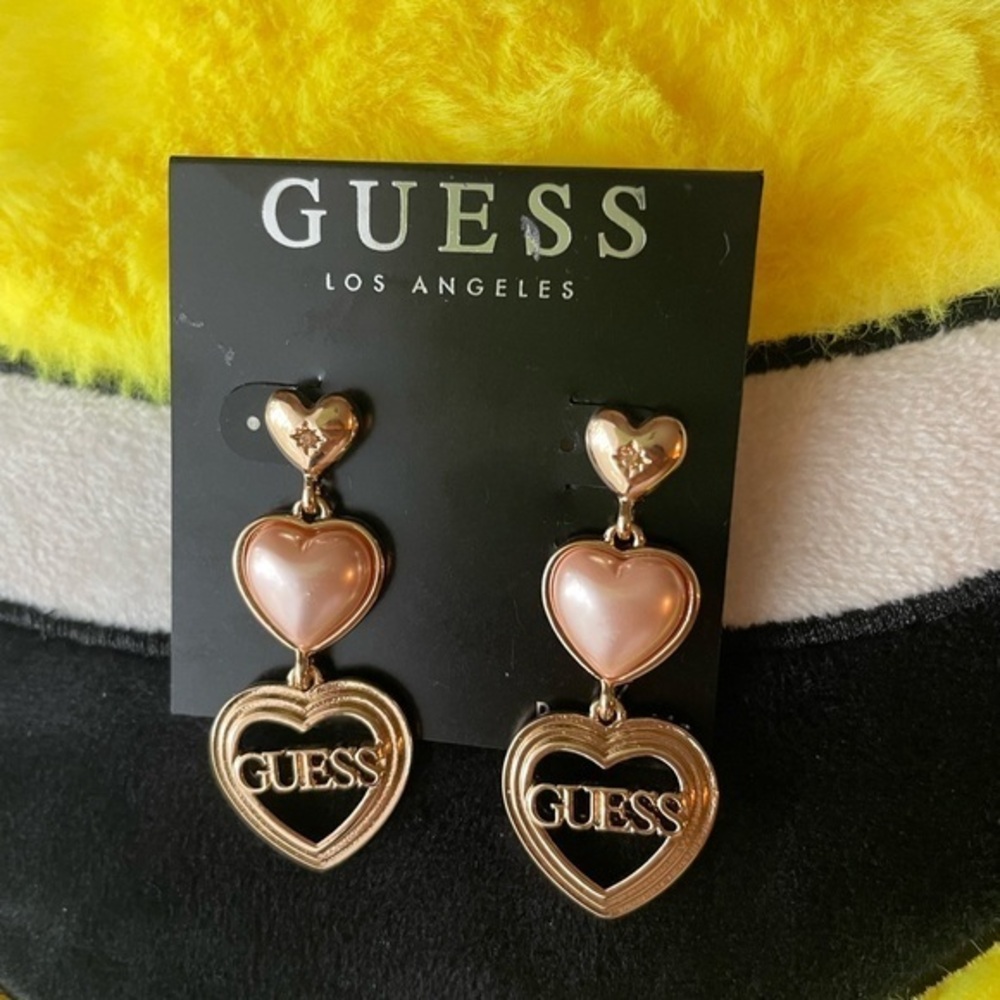 Guess Gold and Pink Triple Heart Earrings,Guess earrings,earrings for women.